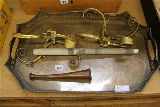 Plated tray, pair brass hooks etc